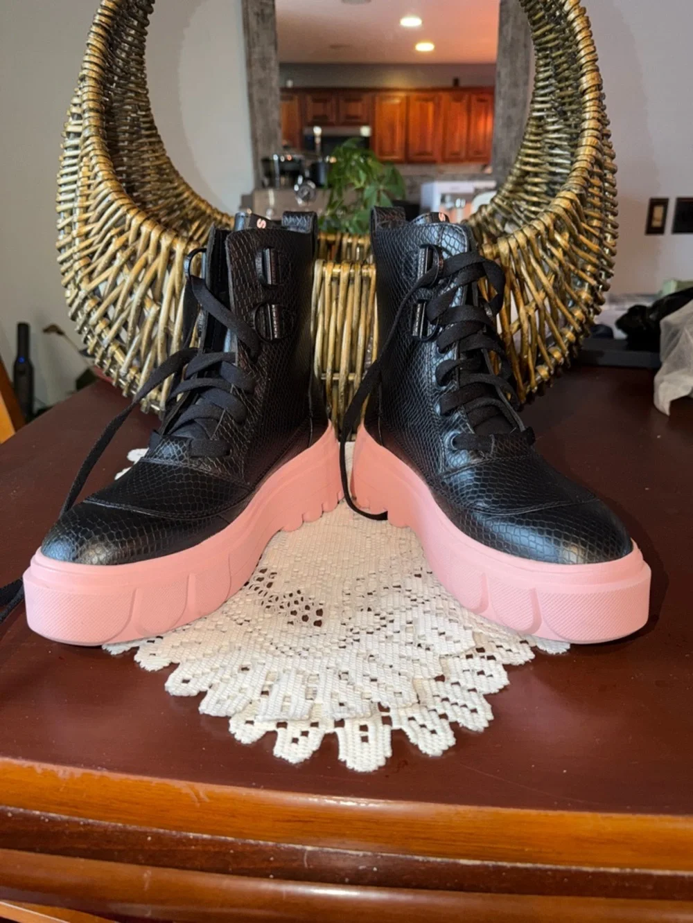 Sorel Black Faux-Snake Platform Sneakers with Pink Soles